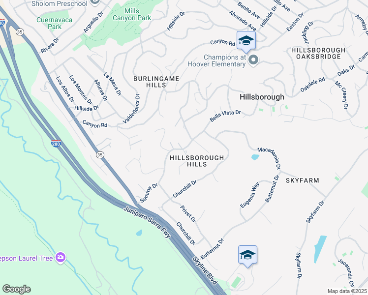 map of restaurants, bars, coffee shops, grocery stores, and more near 2814 Chandler Way in Burlingame
