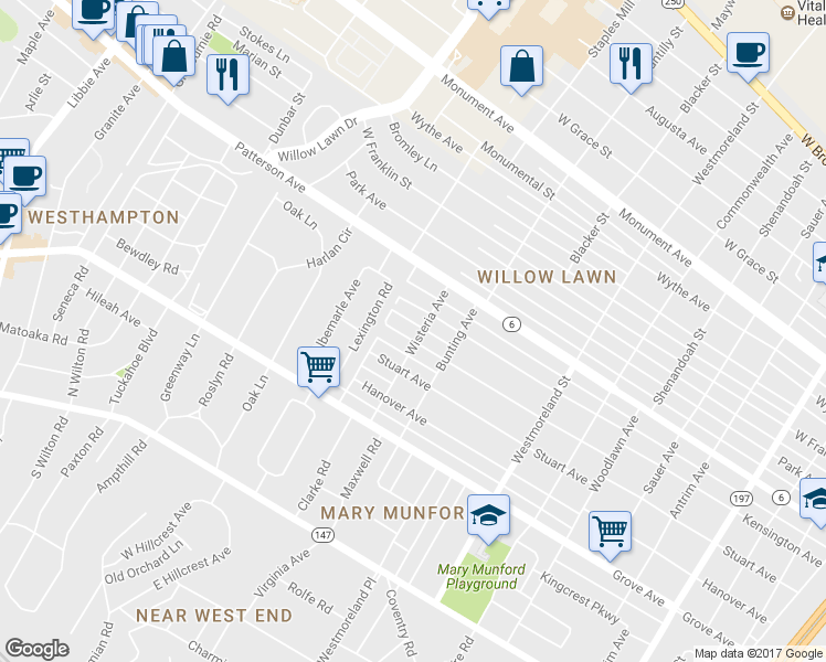 map of restaurants, bars, coffee shops, grocery stores, and more near 4802 Kensington Avenue in Richmond