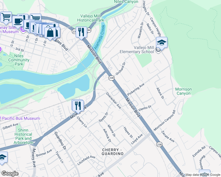 map of restaurants, bars, coffee shops, grocery stores, and more near 55 Sea Crest Terrace in Fremont