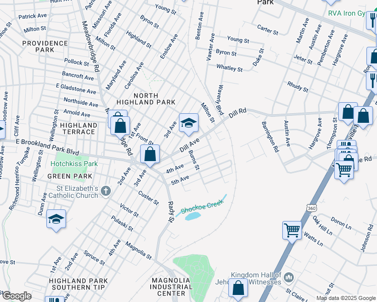 map of restaurants, bars, coffee shops, grocery stores, and more near 3127 Dill Avenue in Richmond