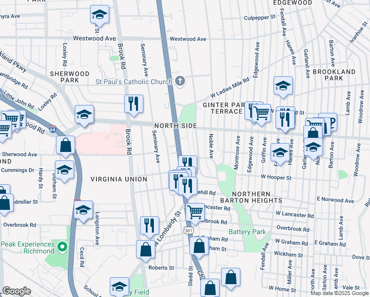 map of restaurants, bars, coffee shops, grocery stores, and more near 2907 Chamberlayne Avenue in Richmond