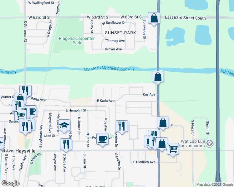 map of restaurants, bars, coffee shops, grocery stores, and more near 1012 Karla Court in Haysville