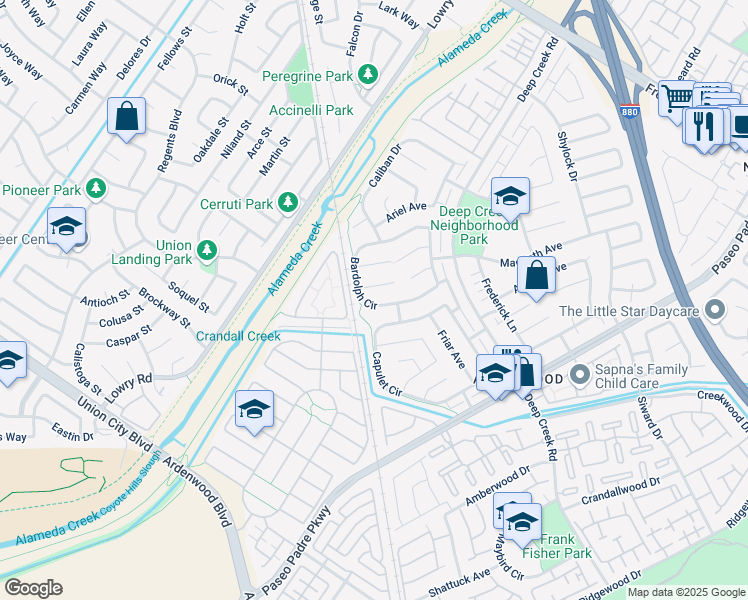 map of restaurants, bars, coffee shops, grocery stores, and more near 33537 Bardolph Circle in Fremont