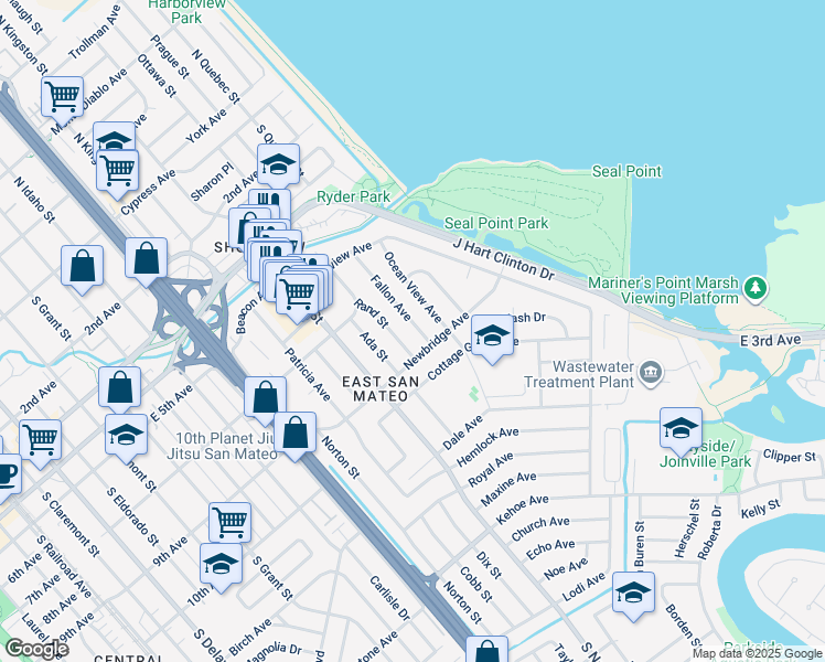 map of restaurants, bars, coffee shops, grocery stores, and more near 832 Fallon Avenue in San Mateo