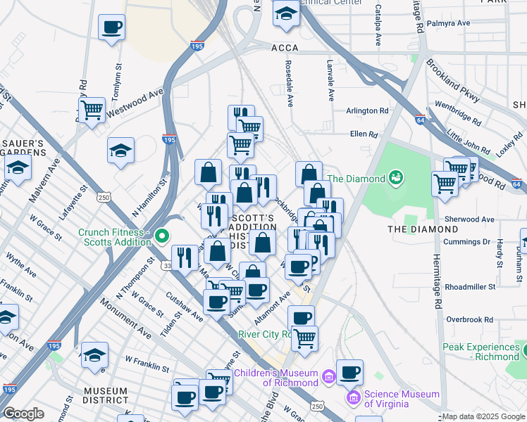 map of restaurants, bars, coffee shops, grocery stores, and more near 1601 Roseneath Road in Richmond