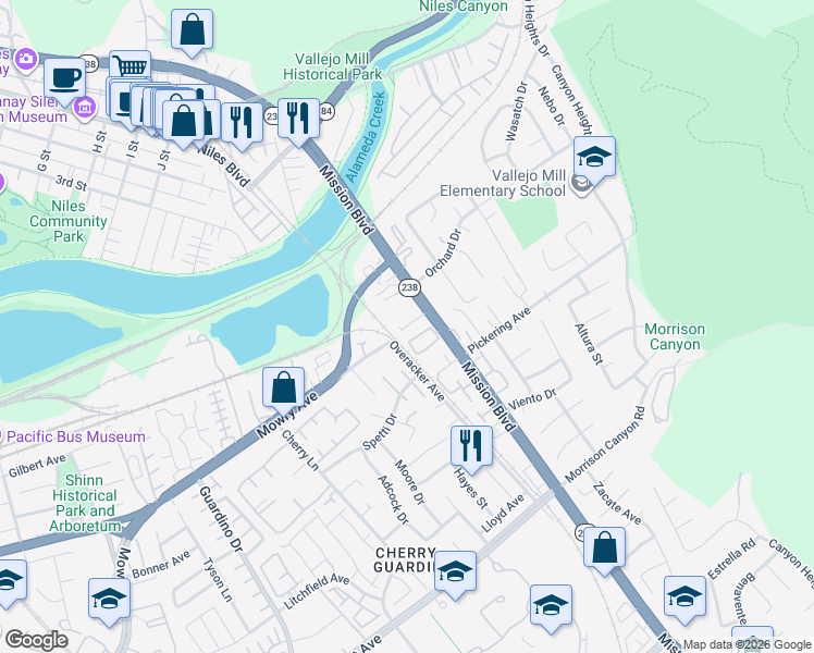 map of restaurants, bars, coffee shops, grocery stores, and more near 55 Sea Crest Terrace in Fremont