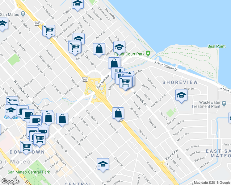 map of restaurants, bars, coffee shops, grocery stores, and more near 500 Patricia Avenue in San Mateo