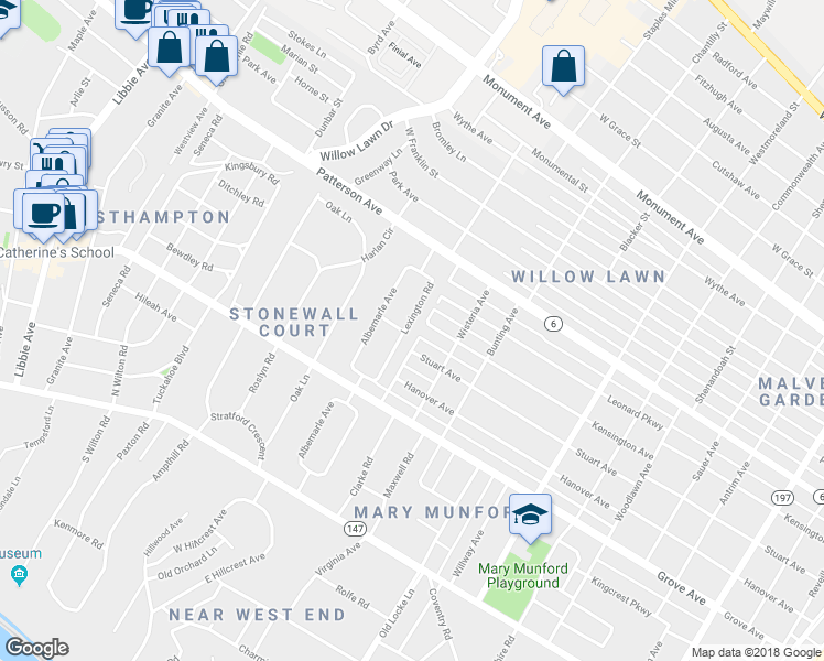 map of restaurants, bars, coffee shops, grocery stores, and more near 333 Lexington Road in Richmond