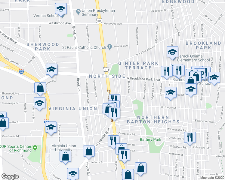 map of restaurants, bars, coffee shops, grocery stores, and more near 2907 Chamberlayne Avenue in Richmond