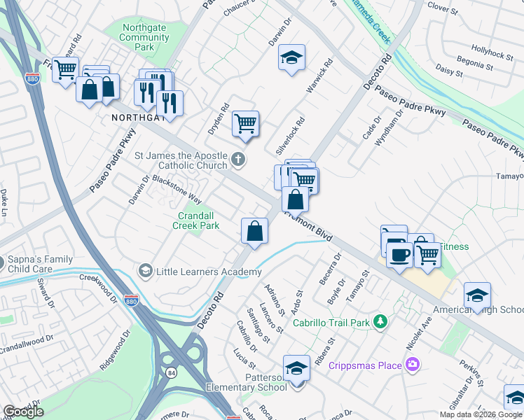 map of restaurants, bars, coffee shops, grocery stores, and more near 34917 Sea Cliff Terrace in Fremont