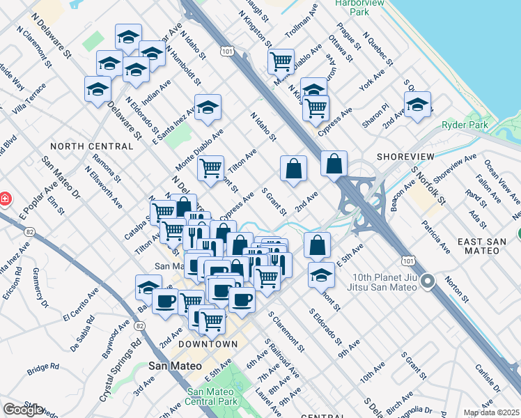 map of restaurants, bars, coffee shops, grocery stores, and more near 27 South Fremont Street in San Mateo