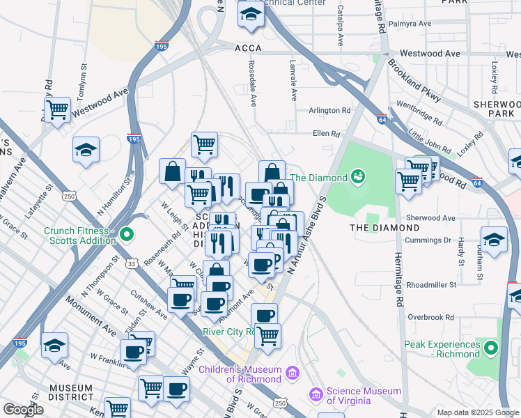 map of restaurants, bars, coffee shops, grocery stores, and more near 1800 Highpoint Avenue in Richmond