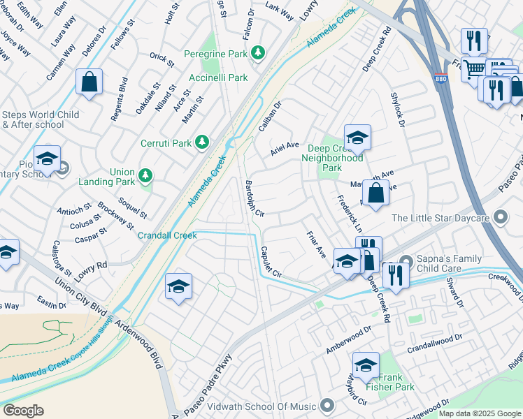 map of restaurants, bars, coffee shops, grocery stores, and more near 33537 Bardolph Circle in Fremont