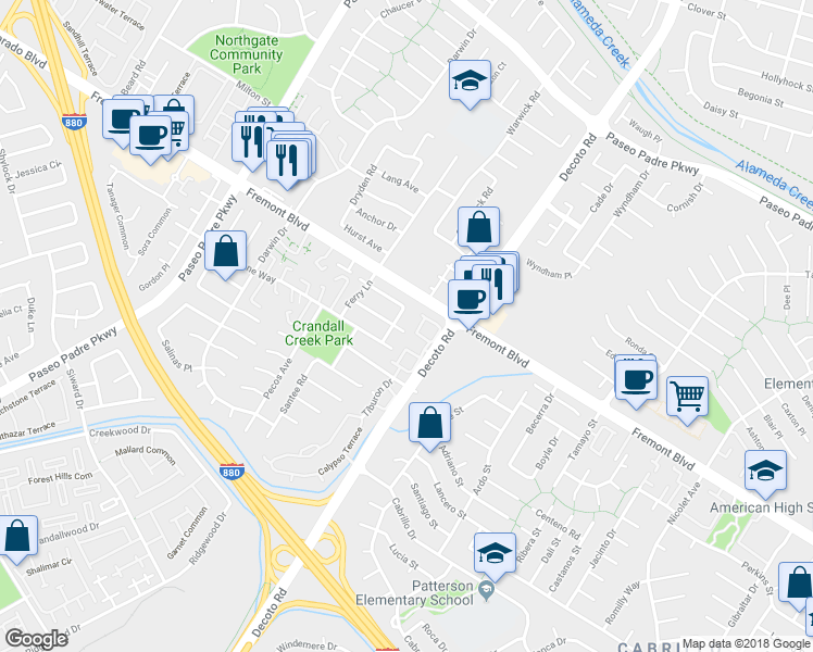 map of restaurants, bars, coffee shops, grocery stores, and more near 34830 Powder River Place in Fremont