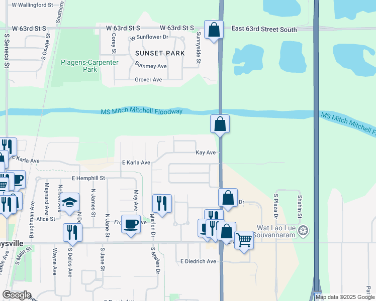 map of restaurants, bars, coffee shops, grocery stores, and more near 125 East Kay Avenue in Haysville