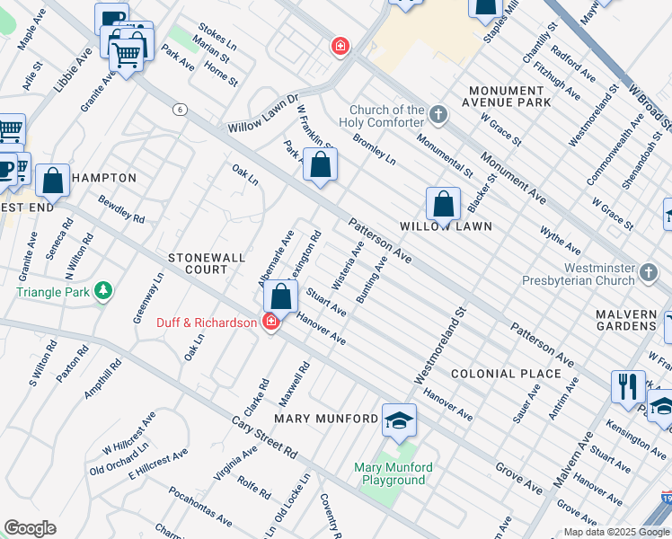 map of restaurants, bars, coffee shops, grocery stores, and more near 4802 Kensington Avenue in Richmond