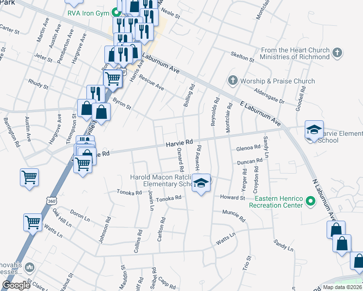 map of restaurants, bars, coffee shops, grocery stores, and more near 3452 Howard Road in Richmond