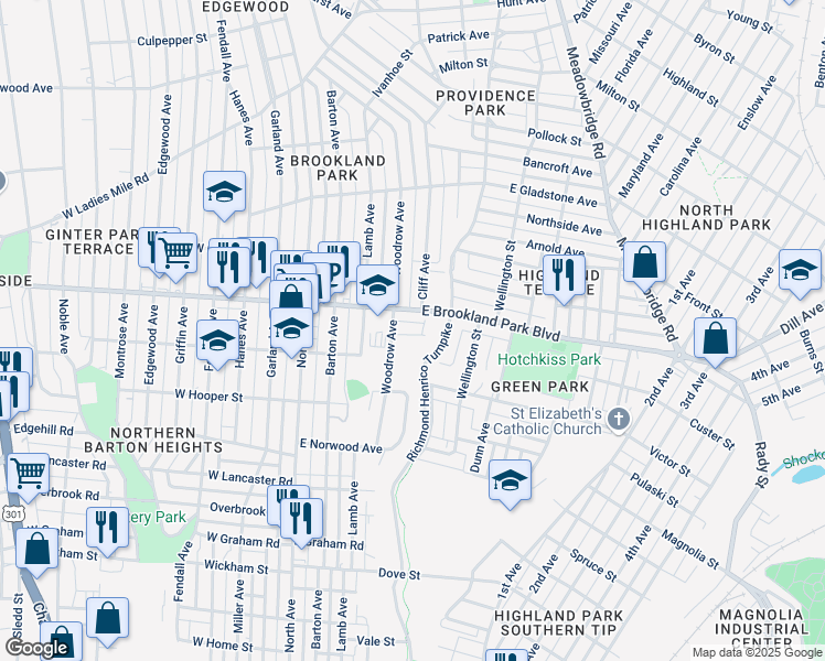 map of restaurants, bars, coffee shops, grocery stores, and more near 310 Essex Place in Richmond