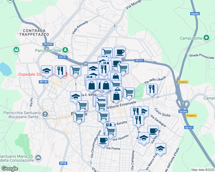 map of restaurants, bars, coffee shops, grocery stores, and more near 60 Via Torquato Tasso in Paternò