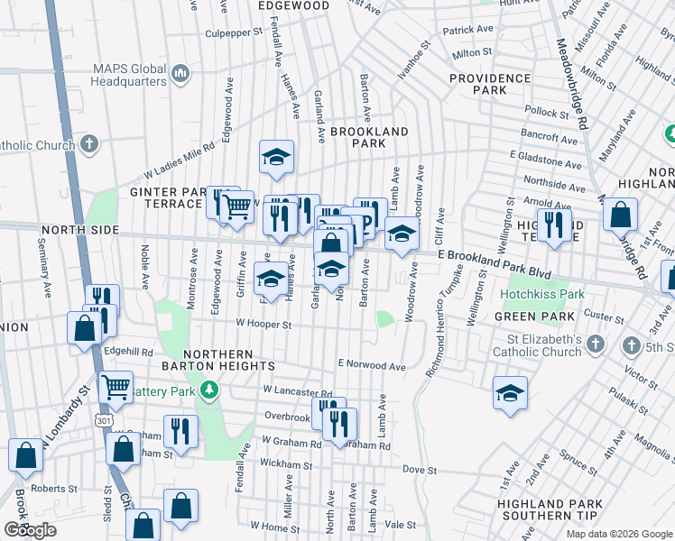 map of restaurants, bars, coffee shops, grocery stores, and more near 2914 North Avenue in Richmond