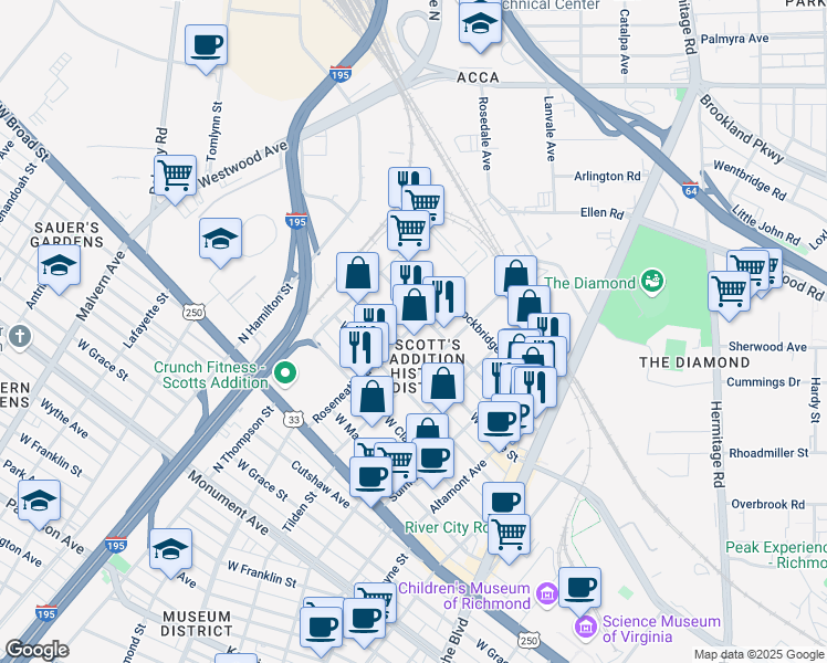 map of restaurants, bars, coffee shops, grocery stores, and more near 1601 Roseneath Road in Richmond