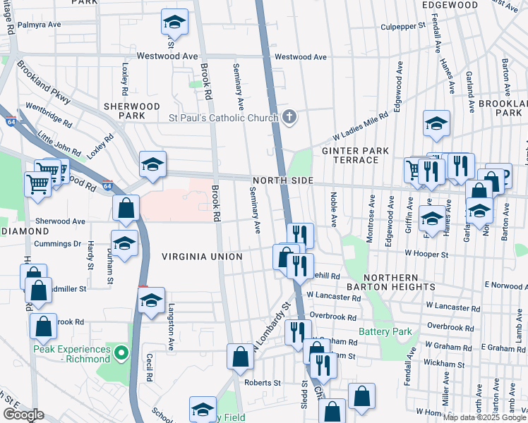 map of restaurants, bars, coffee shops, grocery stores, and more near 2917 Seminary Avenue in Richmond