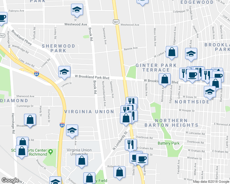 map of restaurants, bars, coffee shops, grocery stores, and more near 2917 Seminary Avenue in Richmond