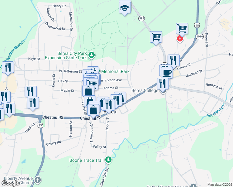 map of restaurants, bars, coffee shops, grocery stores, and more near 102 High Street in Berea