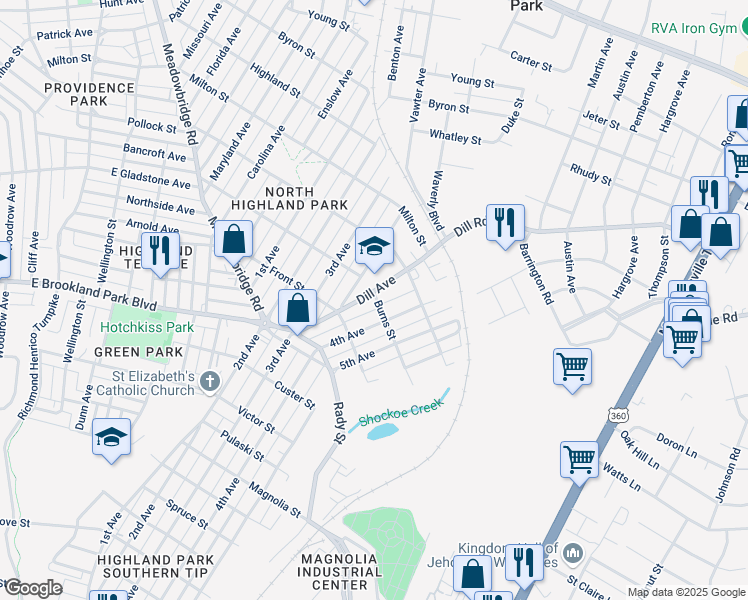 map of restaurants, bars, coffee shops, grocery stores, and more near 3127 Dill Avenue in Richmond