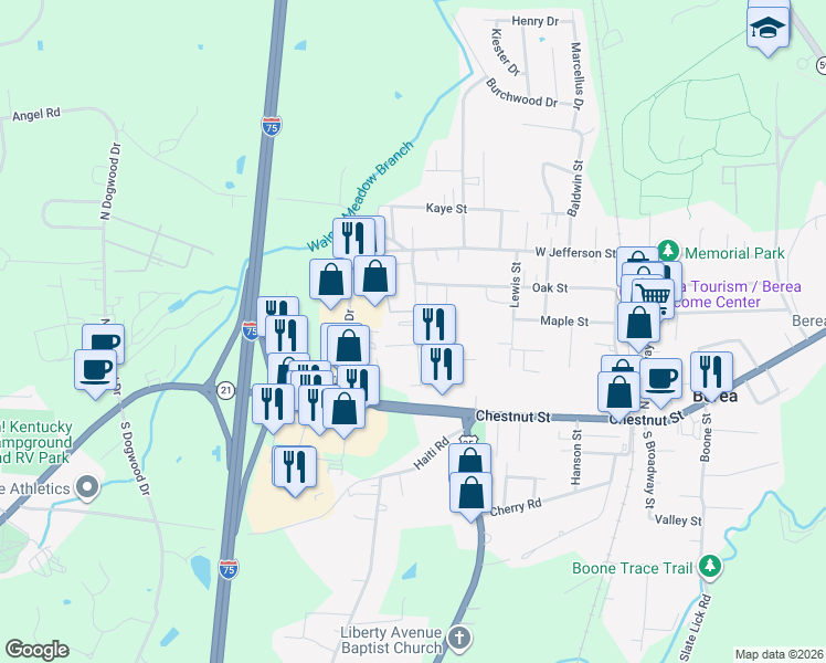 map of restaurants, bars, coffee shops, grocery stores, and more near 122 Morning View Road in Berea