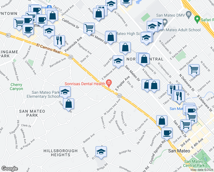 map of restaurants, bars, coffee shops, grocery stores, and more near 438 El Camino Real in San Mateo