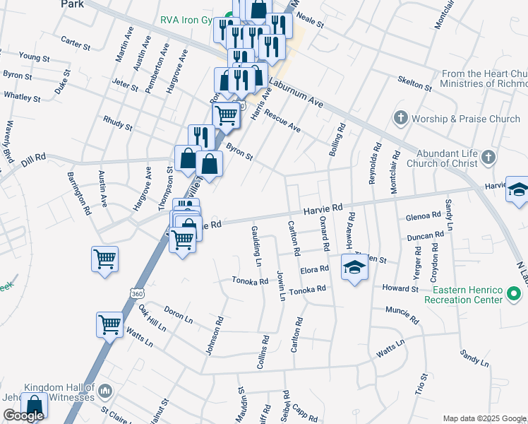 map of restaurants, bars, coffee shops, grocery stores, and more near 2326 Harvie Road in Richmond