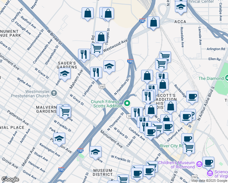 map of restaurants, bars, coffee shops, grocery stores, and more near 3800 West Broad Street in Richmond