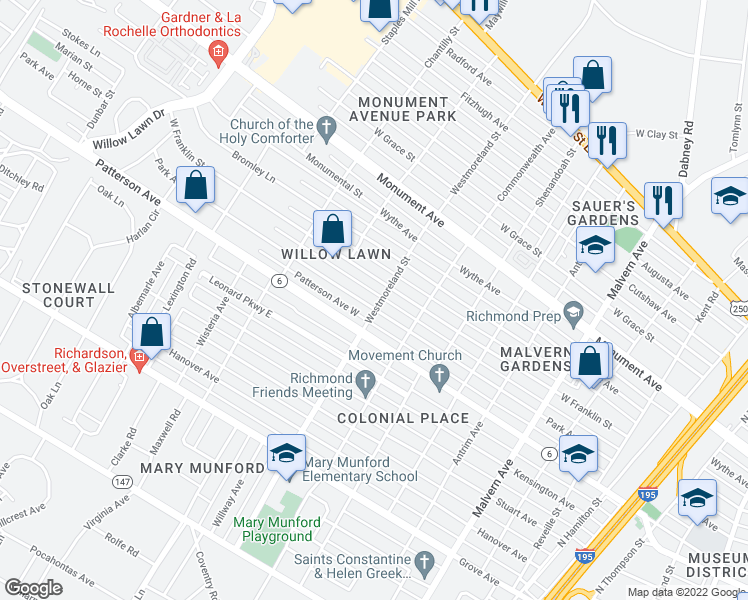 map of restaurants, bars, coffee shops, grocery stores, and more near 4600 Park Avenue in Richmond