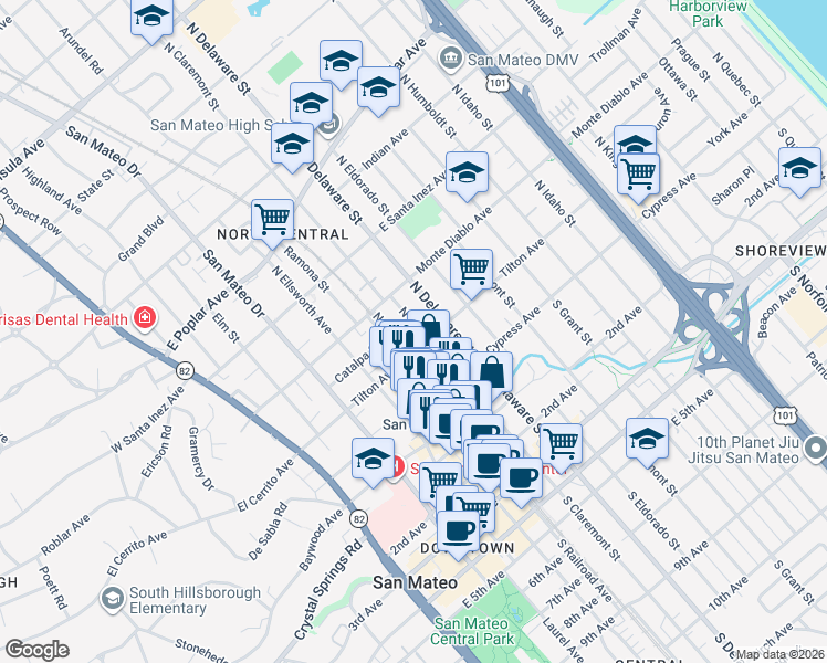 map of restaurants, bars, coffee shops, grocery stores, and more near 503 Tilton Avenue in San Mateo