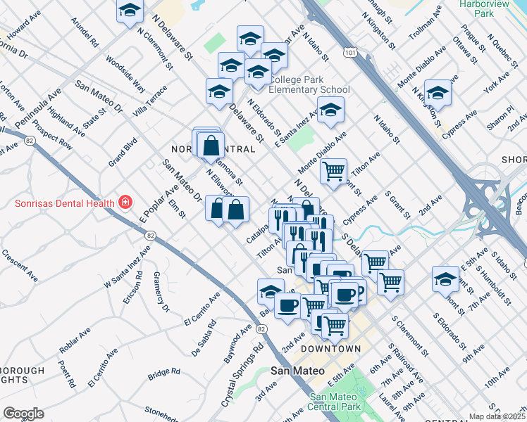 map of restaurants, bars, coffee shops, grocery stores, and more near 150 North Ellsworth Avenue in San Mateo