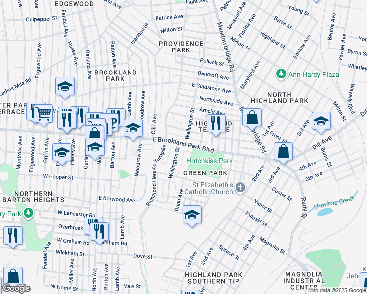 map of restaurants, bars, coffee shops, grocery stores, and more near 609 East Brookland Park Boulevard in Richmond