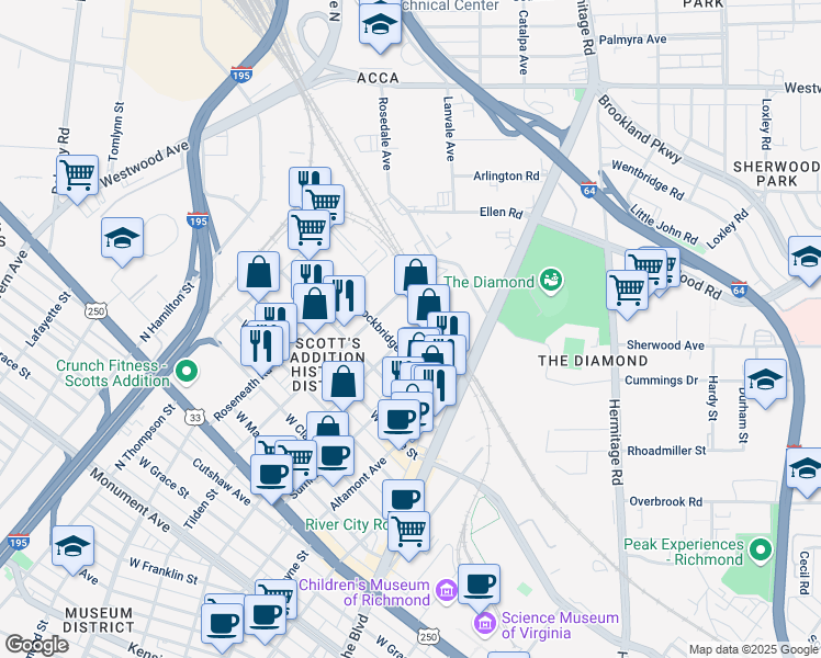 map of restaurants, bars, coffee shops, grocery stores, and more near 1800 Highpoint Avenue in Richmond