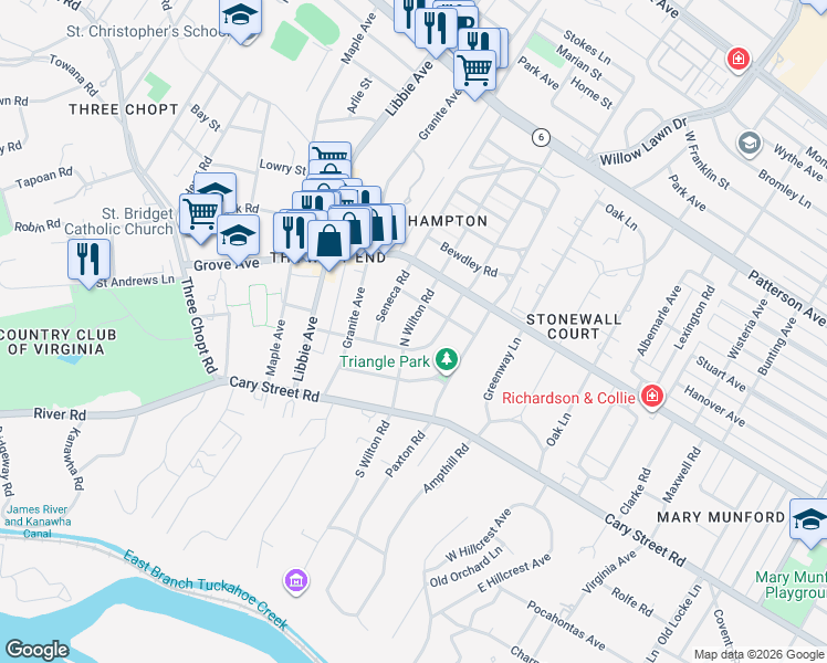 map of restaurants, bars, coffee shops, grocery stores, and more near 5400 Matoaka Road in Richmond