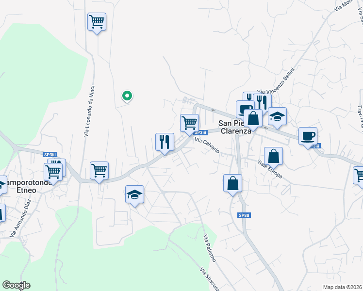 map of restaurants, bars, coffee shops, grocery stores, and more near 348 Via Umberto in San Pietro Clarenza