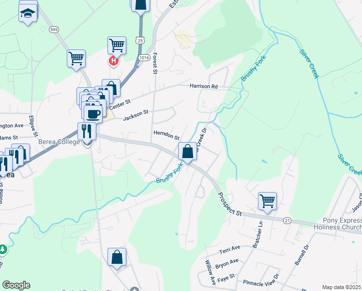 map of restaurants, bars, coffee shops, grocery stores, and more near 106 Dinsmore Street in Berea