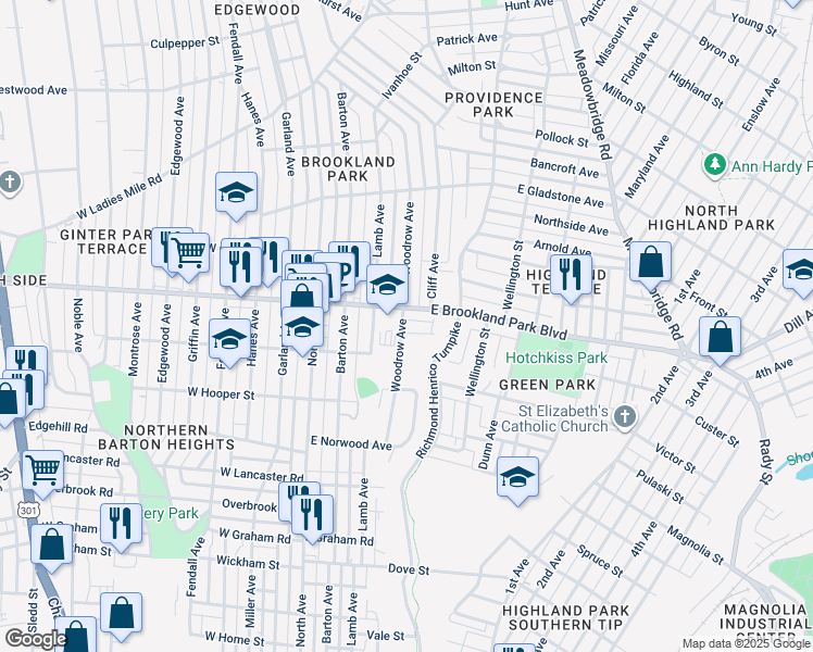 map of restaurants, bars, coffee shops, grocery stores, and more near 300 Essex Place in Richmond