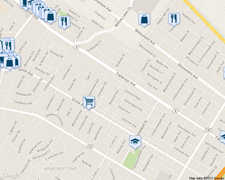 map of restaurants, bars, coffee shops, grocery stores, and more near 4806 Kensington Avenue in Richmond