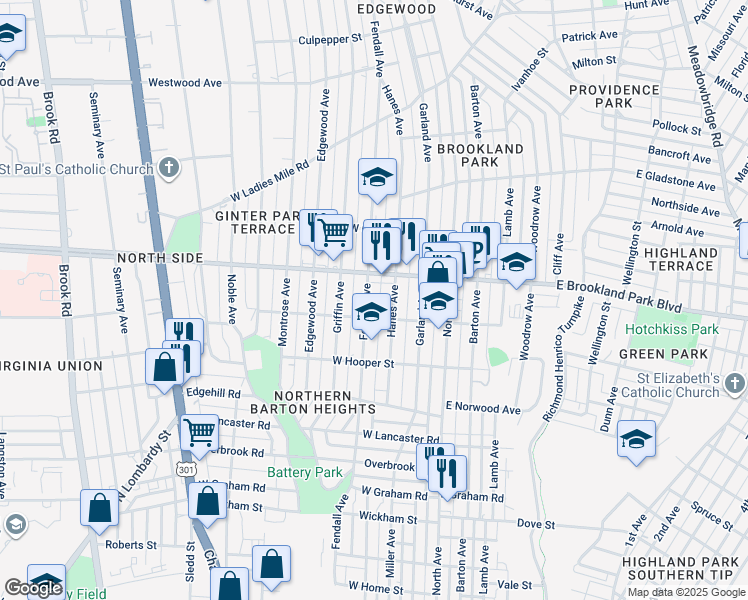 map of restaurants, bars, coffee shops, grocery stores, and more near 2911 Fendall Avenue in Richmond