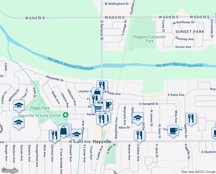 map of restaurants, bars, coffee shops, grocery stores, and more near 120 East Karla Avenue in Haysville