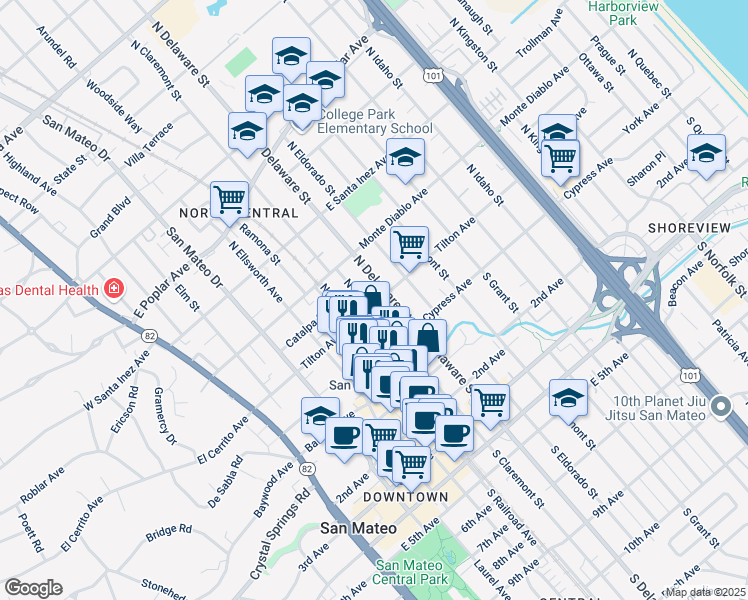 map of restaurants, bars, coffee shops, grocery stores, and more near 503 Tilton Avenue in San Mateo