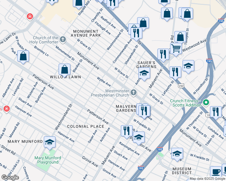 map of restaurants, bars, coffee shops, grocery stores, and more near 4307 Wythe Avenue in Richmond