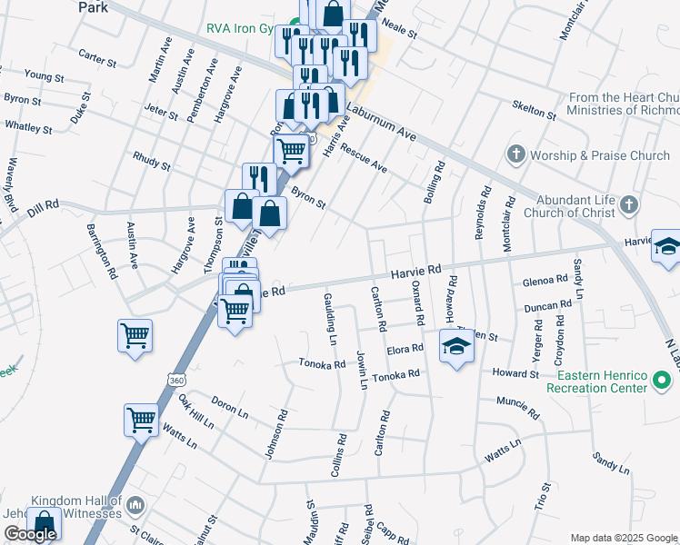 map of restaurants, bars, coffee shops, grocery stores, and more near 2326 Harvie Road in Richmond
