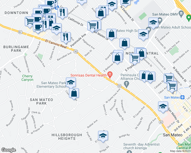 map of restaurants, bars, coffee shops, grocery stores, and more near 20 West Bellevue Avenue in San Mateo
