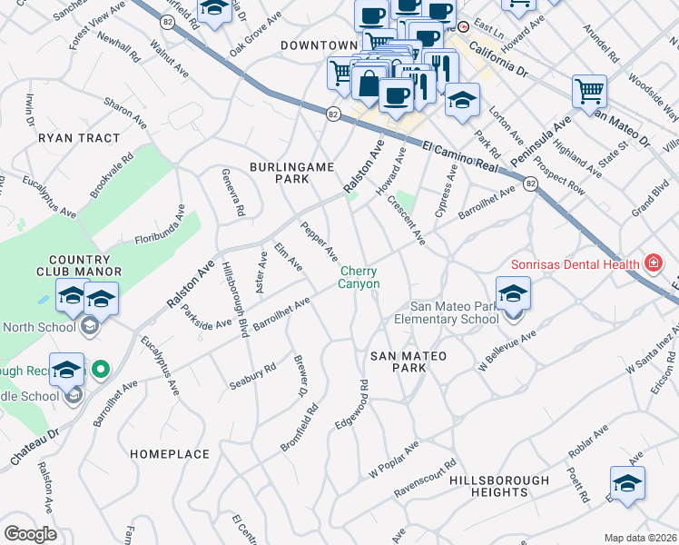 map of restaurants, bars, coffee shops, grocery stores, and more near 105 Pepper Avenue in Burlingame